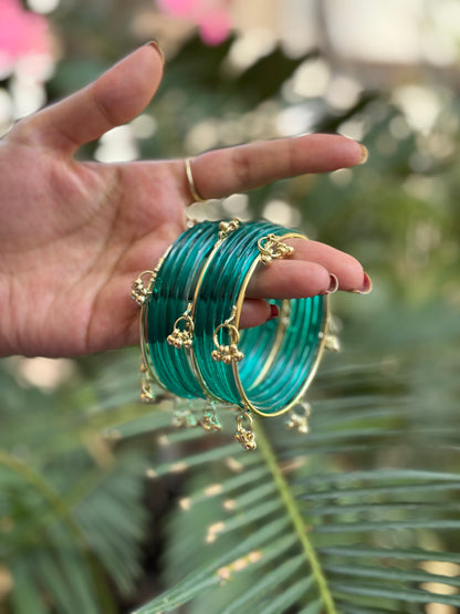 Teal Jelly Bangles set with Kashmiri Ghungroo Bangles