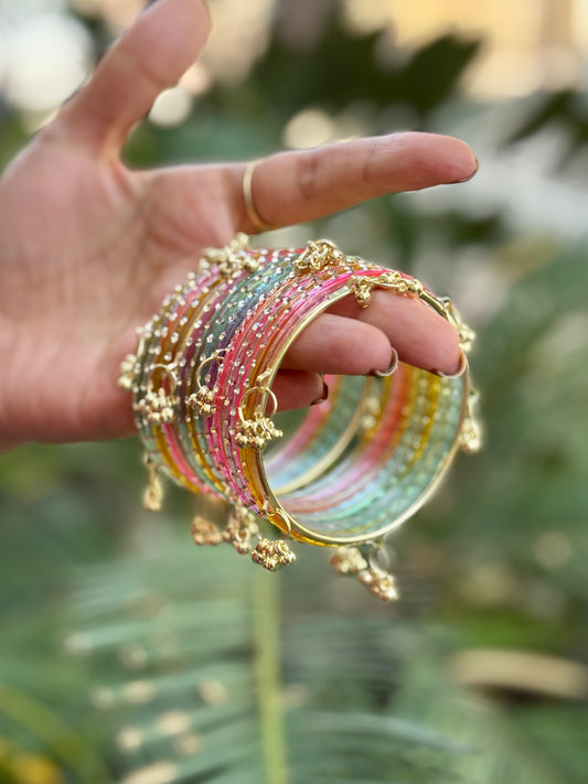 Light Multi 12 Bangles set with Kashmiri Ghungroo Bangles