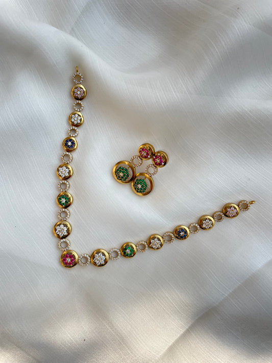 Multicolour antique gold, American diamond necklace