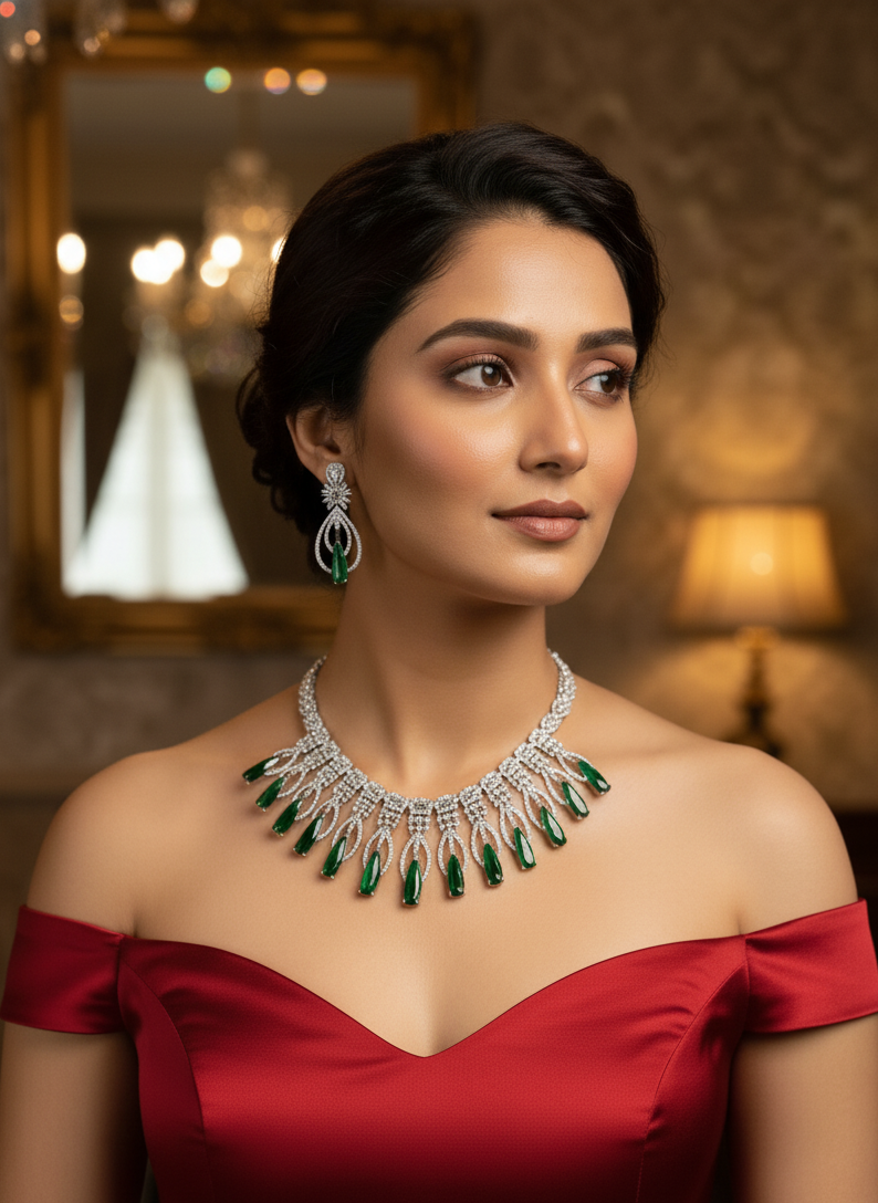 Woman wearing a luxurious green and silver necklace in an elegant setting