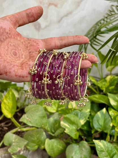 Onion Pink 12 Bangles set with Kashmiri Ghungroo Bangles