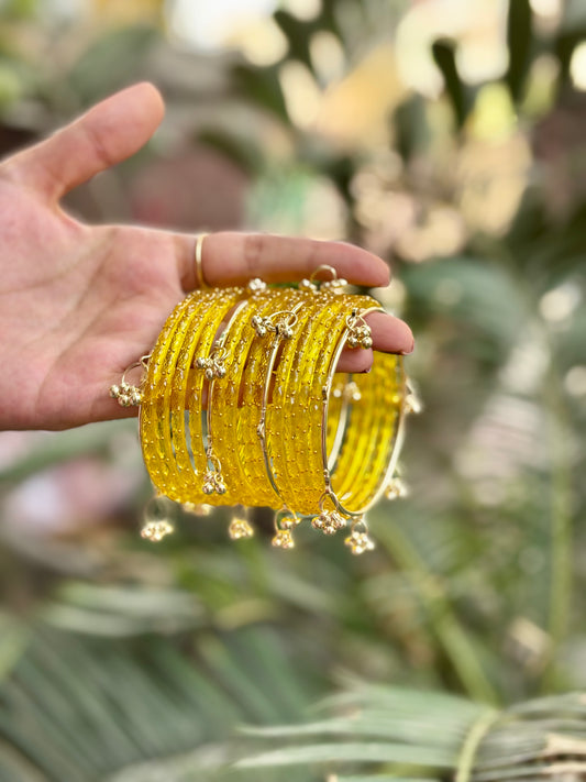 Yellow 12 Bangles set with Kashmiri Ghungroo Bangles