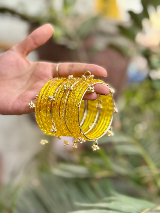 Yellow 12 Bangles set with Kashmiri Ghungroo Bangles