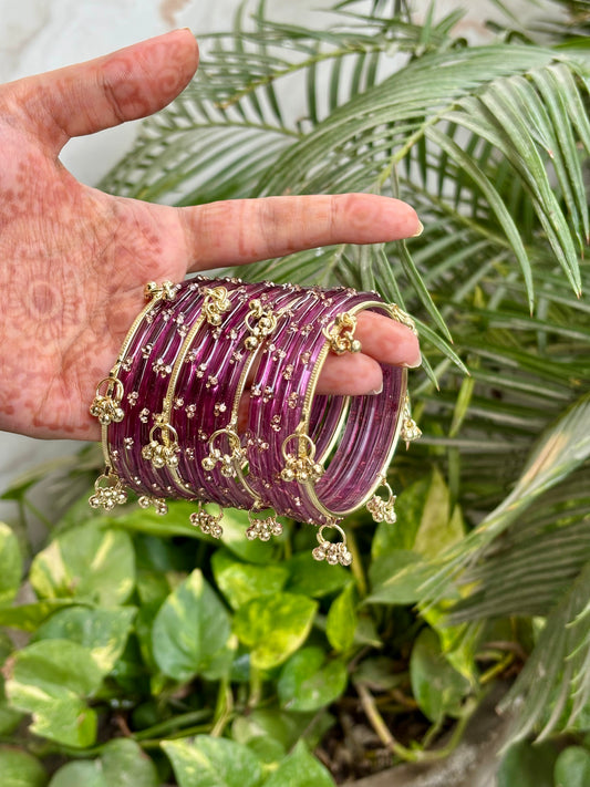 Onion Pink 12 Bangles set with Kashmiri Ghungroo Bangles