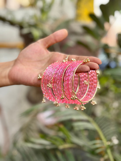 Pink 12 Bangles set with Kashmiri Ghungroo Bangles