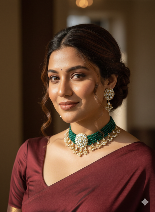Emerald Green Pachi Kundan Choker Jewellery Set