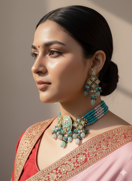Turquoise Green Pachi Kundan Choker Jewellery Set