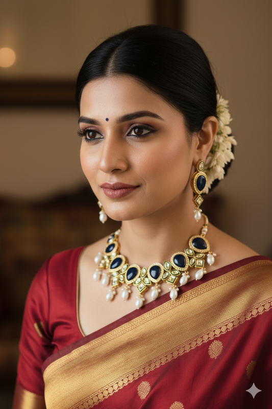 Blue Aachal Kundan Jewellery Set