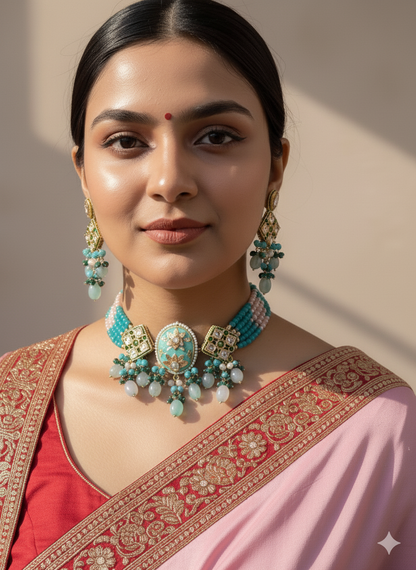 Turquoise Green Pachi Kundan Choker Jewellery Set