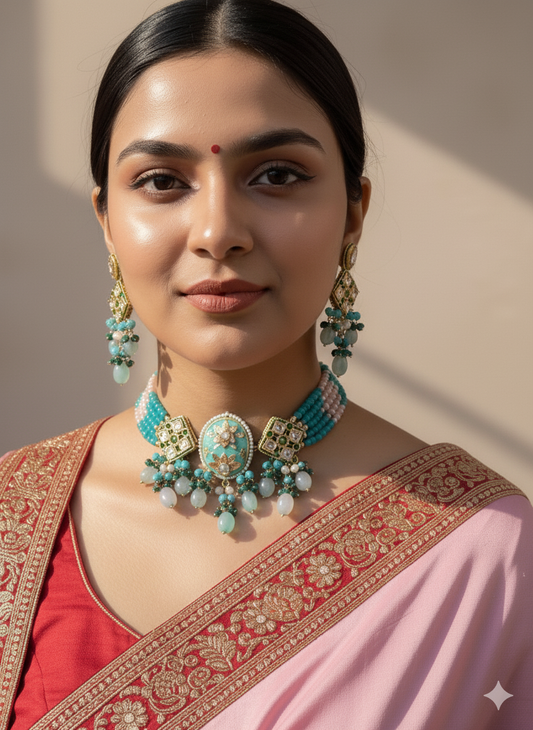 Turquoise Green Pachi Kundan Choker Jewellery Set