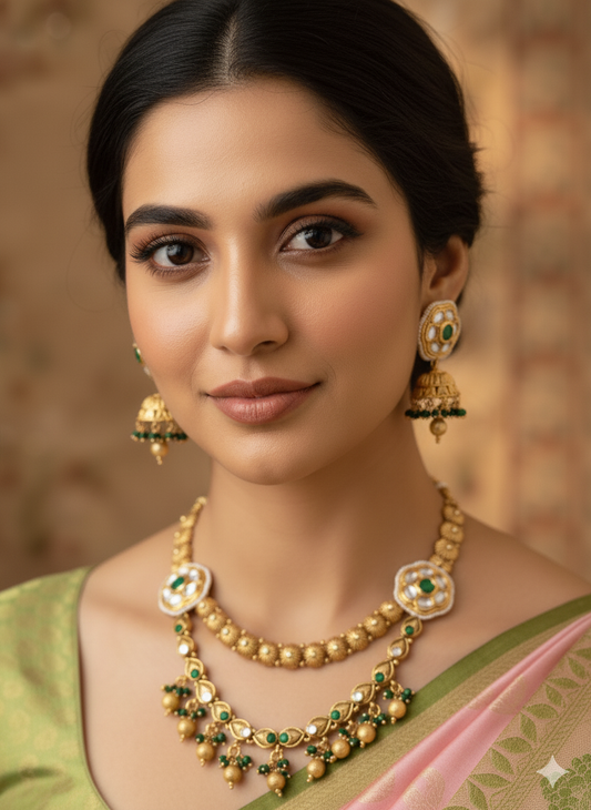 Emerald Ashi Rajwadi Polki Jewellery Set