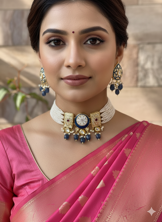 Blue Quartz Beads Polki Choker Jewellery Set