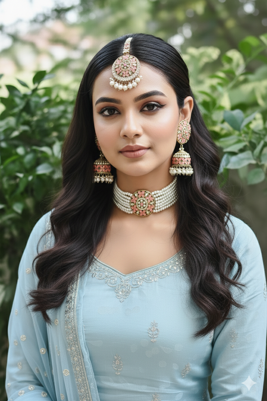 Peach Pink Aarohi Antique Jewellery Set