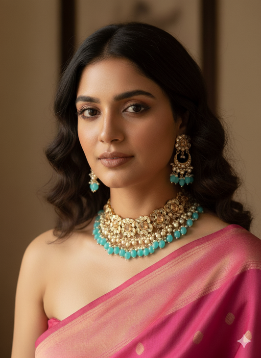Turquoise Vedi Reverse AD Kundan Jewellery Set