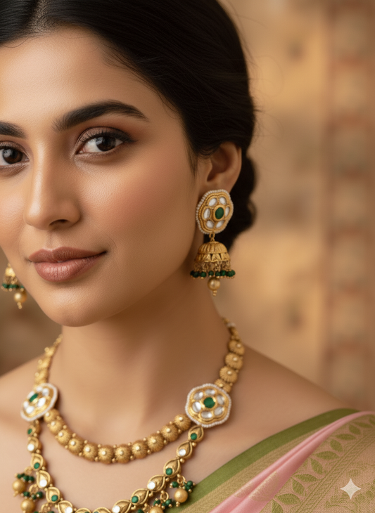 Emerald Ashi Rajwadi Polki Jewellery Set