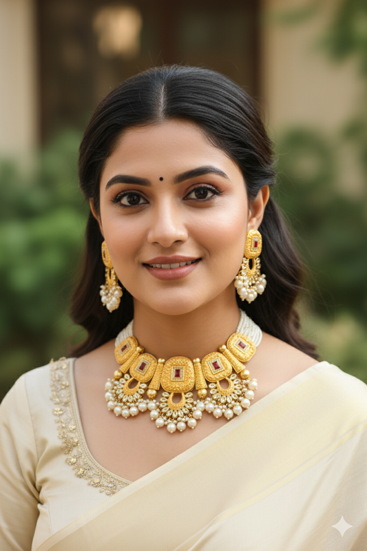 Yellow Bhanu Kundan Jewellery Set