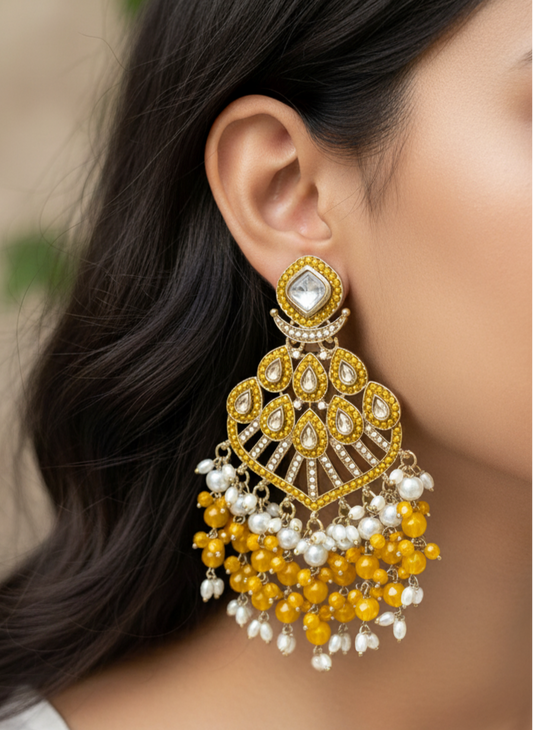 Yellow Palaq Kundan Danglers