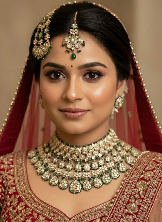 Woman in traditional bridal attire with elaborate jewelry and a red dupatta.