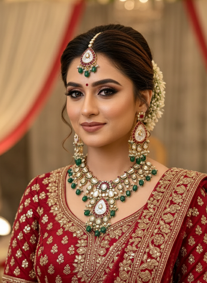 Woman in a red saree with gold embroidery and green jewelry against a decorated background