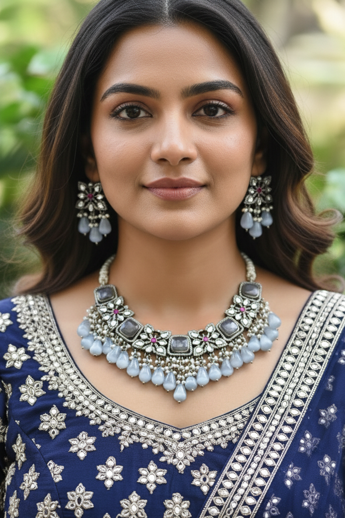 Woman wearing a blue traditional outfit with intricate jewelry against a blurred green background