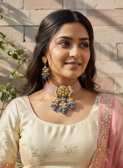 Lavender Purple Quartz Beads Polki choker Jewellery Set