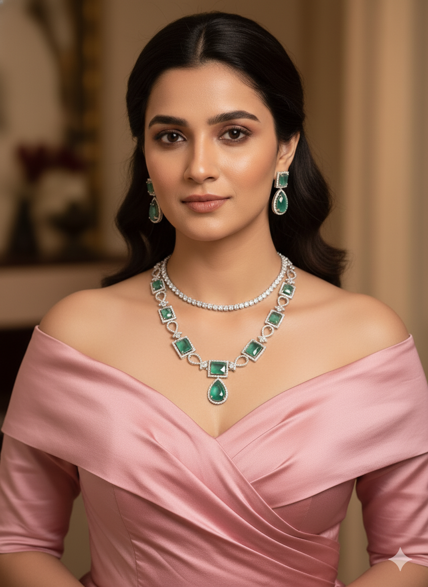 Woman wearing a pink off-shoulder dress with emerald and diamond jewelry.