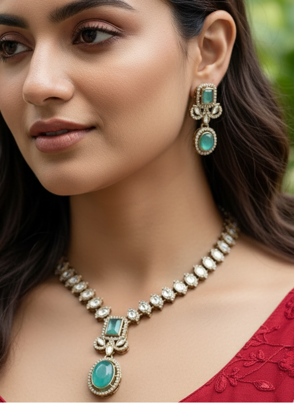 Woman wearing a necklace and earrings with a blurred green background