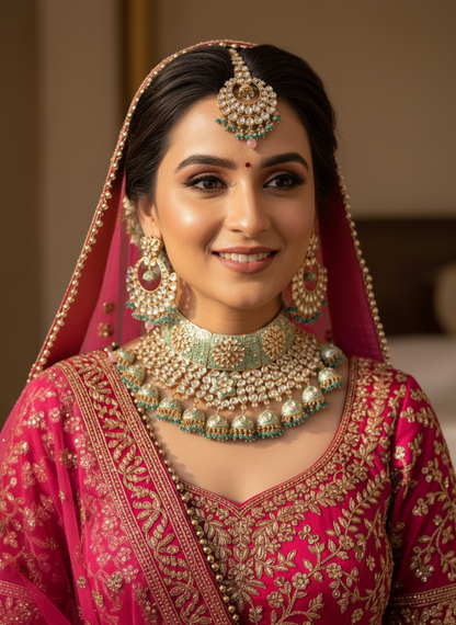 Woman in traditional pink and gold bridal outfit with jewelry