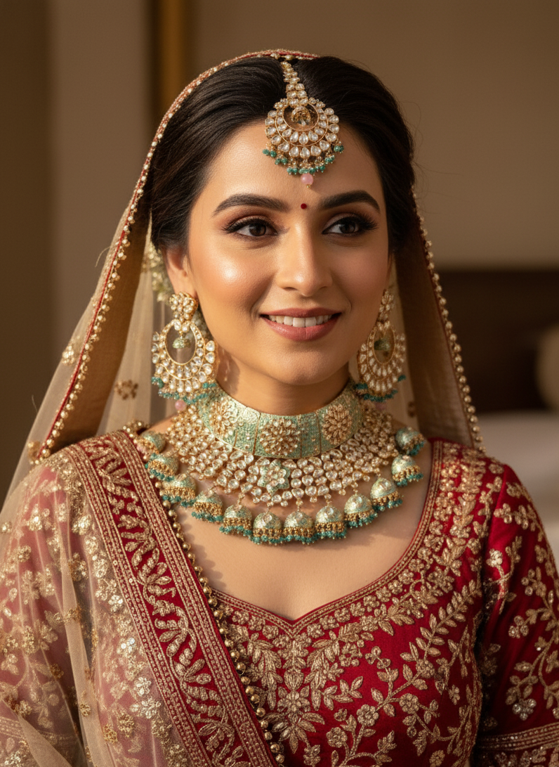 Woman in traditional Indian bridal attire with jewelry, smiling indoors.