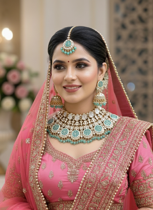 Woman in traditional pink bridal outfit with jewelry and floral background