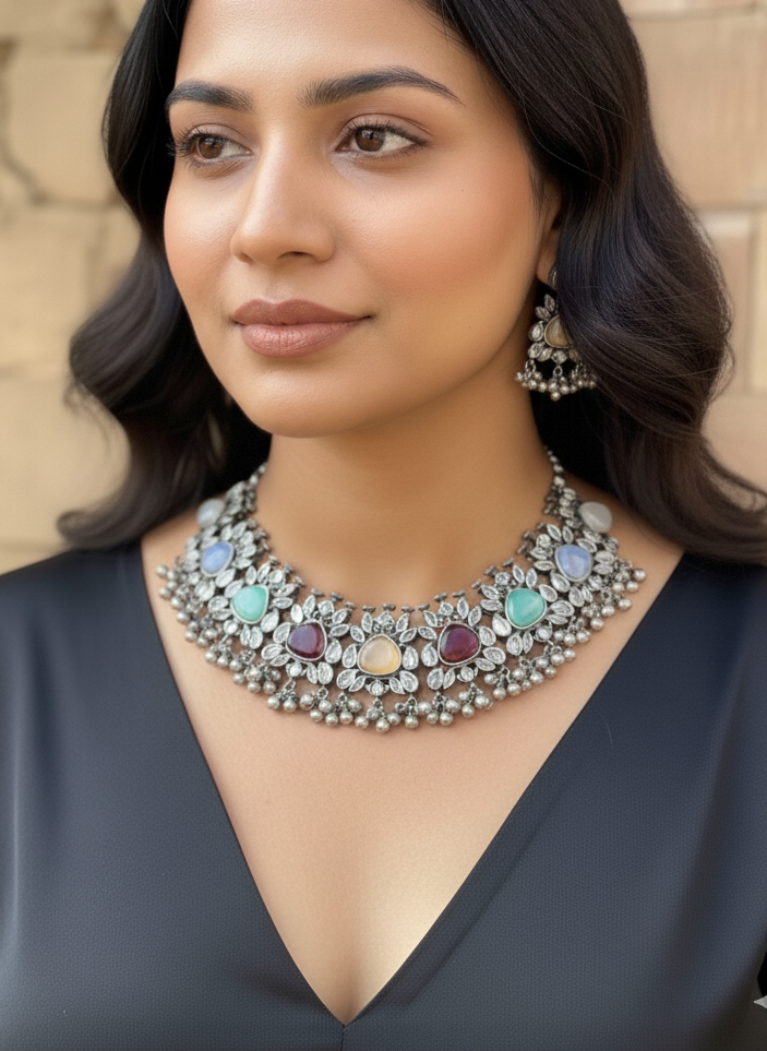 Woman wearing a decorative necklace with gemstones against a beige wall.