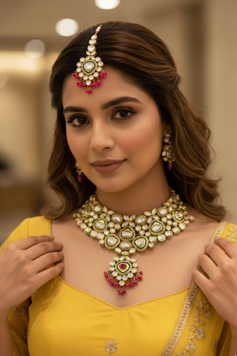 Pink Ananya Kundan Bridal Jewellery Set