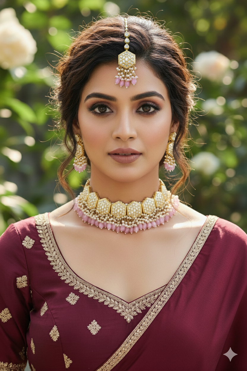 Woman wearing traditional jewelry and a maroon outfit with gold details against a blurred natural background