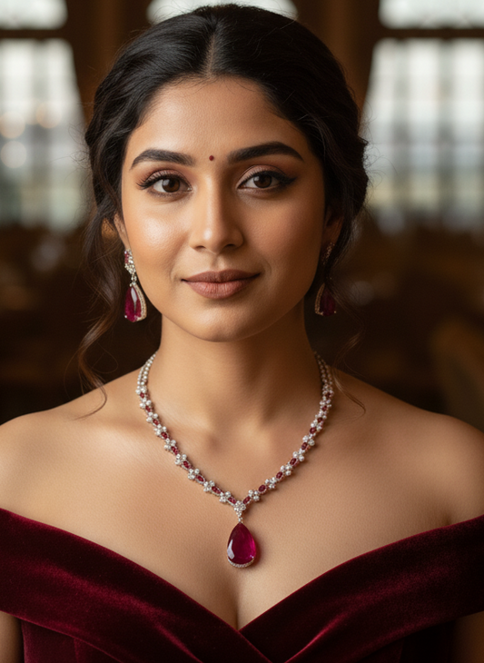 Woman wearing a red velvet off-shoulder dress with a necklace in an elegant indoor setting.