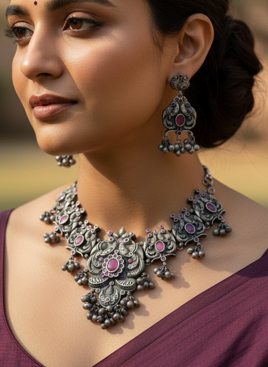 Woman wearing traditional jewelry with a blurred natural background