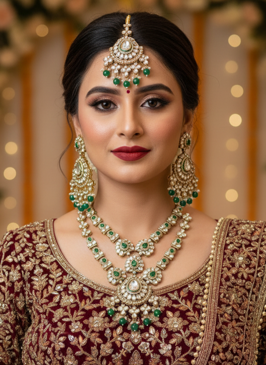 Green Bhviya Kundan Bridal Jewellery Set