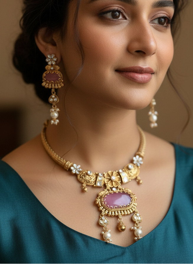 Pink Devika Heritage Jewellery Set